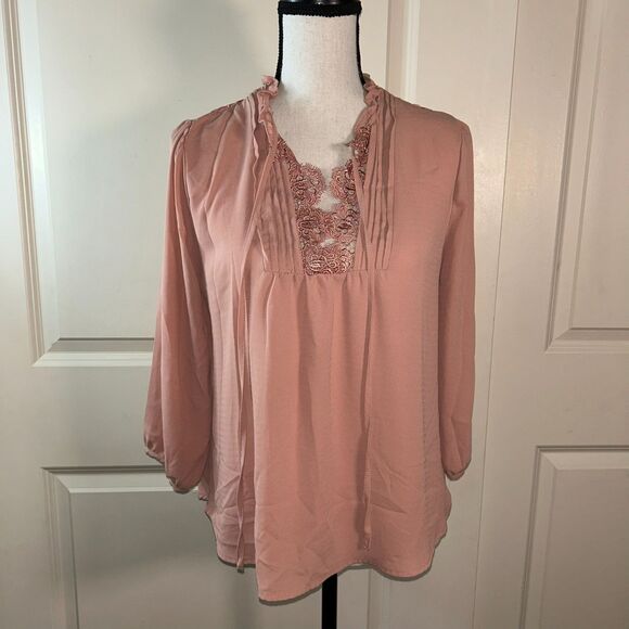 EM Blush Pink Lace Blouse Women’s Size L Cotton Nylon Mix Romantic Boho Top - Picture 1 of 7